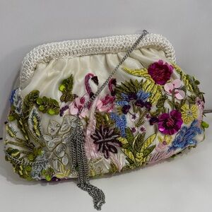 Viral beaded bag Floral Embroidered Clutch with Chain - Cream and Multicolor